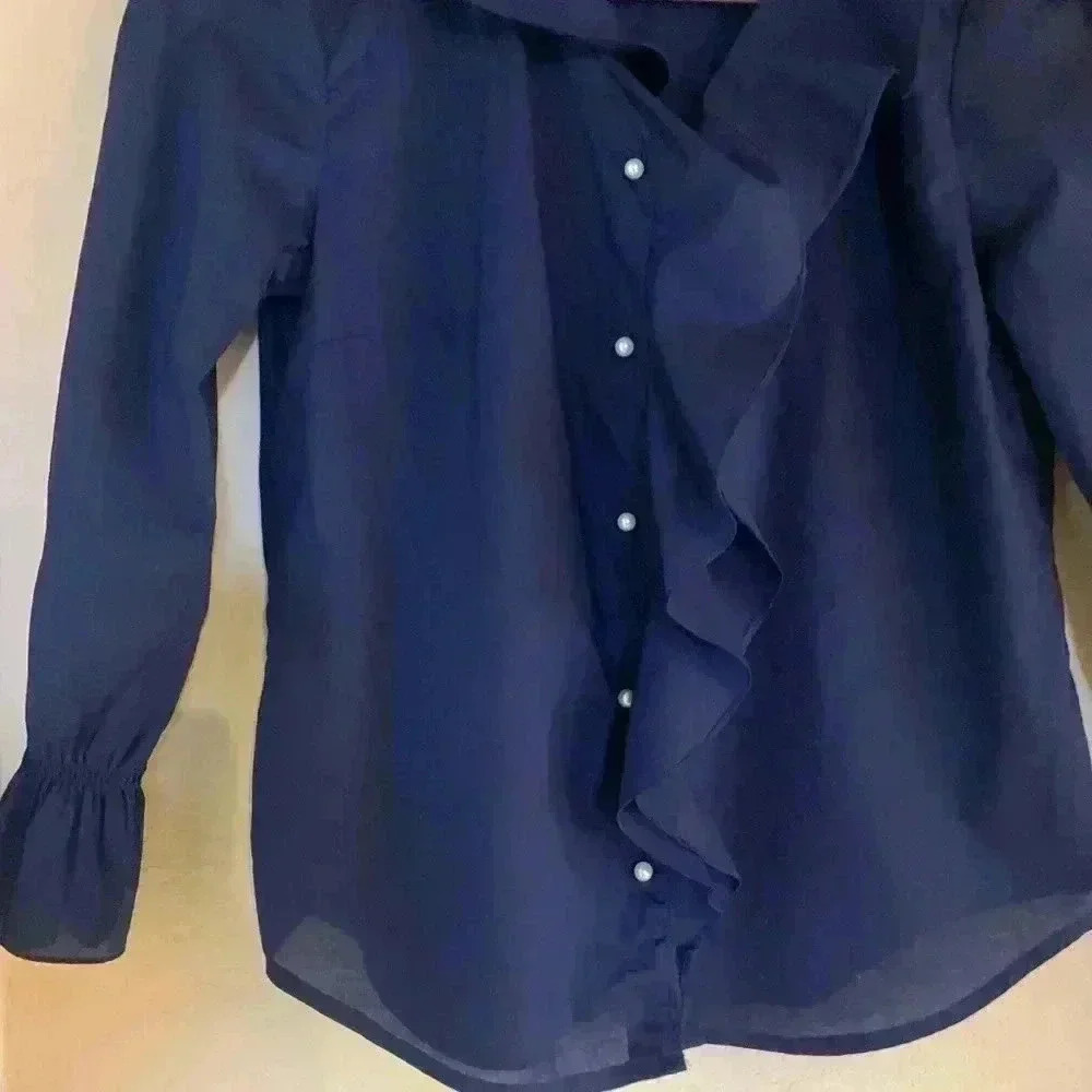 Lauren Ralph Lauren Button Down Ruffle Front Petite Top - Picture 2 of 5